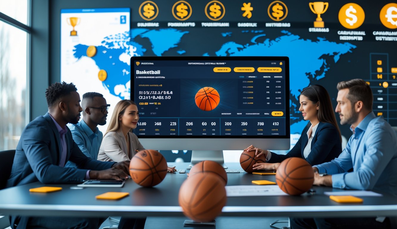 Orang-orang sedang menganalisis data taruhan bola basket internasional di sebuah ruang kerja modern dengan layar komputer besar dan simbol promosi serta turnamen di latar belakang.