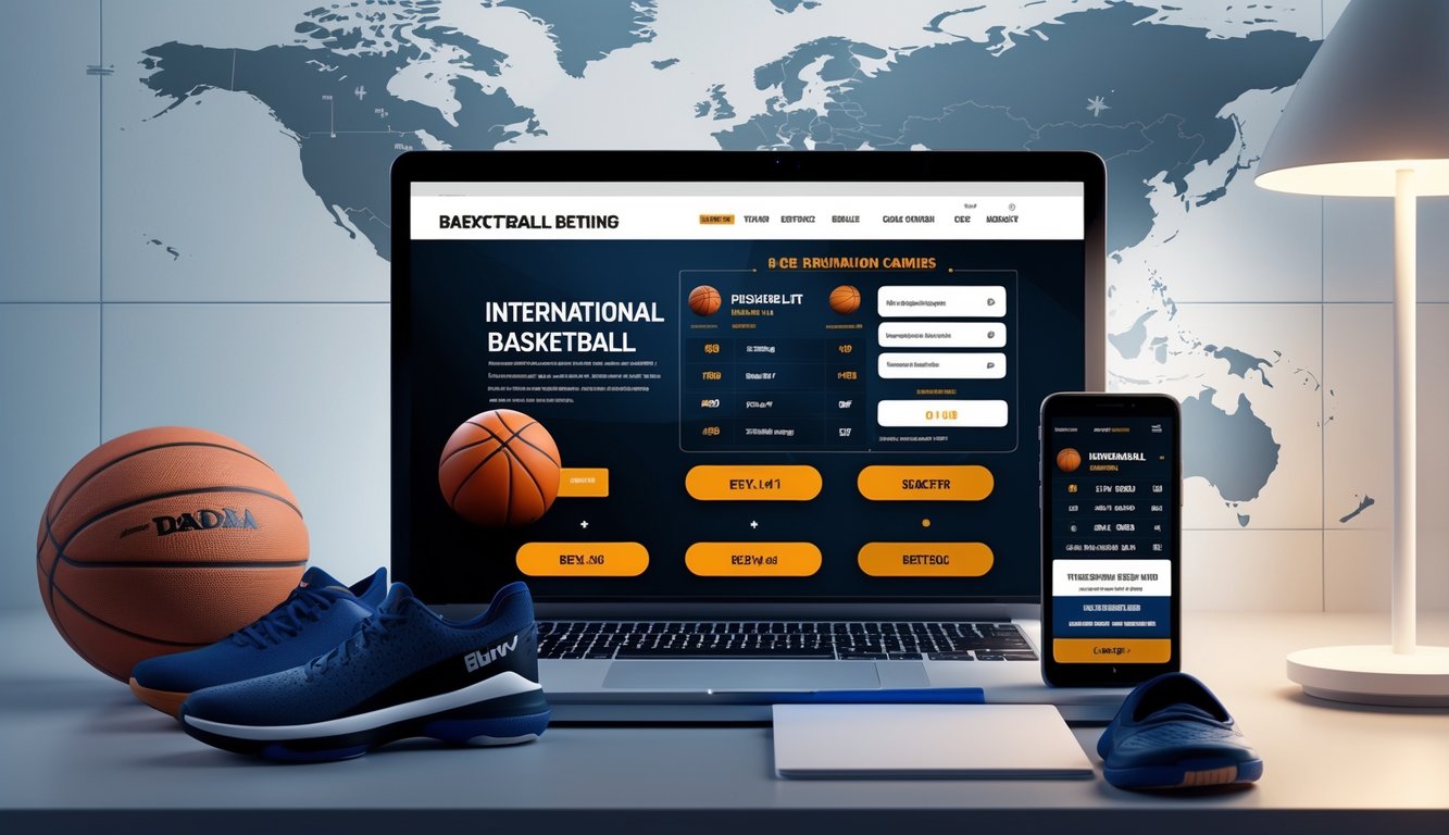 Meja kerja modern dengan laptop yang menampilkan situs taruhan basket, bola basket, sepatu olahraga, dan ponsel dengan tampilan peluang taruhan.
