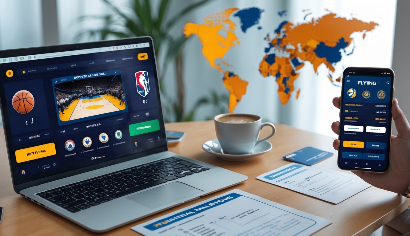 Seorang pria menggunakan laptop dan ponsel untuk memasang taruhan bola basket dengan dokumen dan kartu kredit di meja kerja.