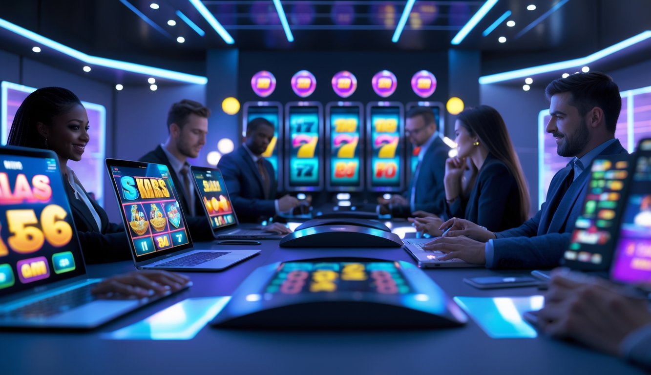 Orang-orang menggunakan perangkat digital untuk bermain slot online dengan suasana cerah dan penuh semangat, menampilkan simbol jackpot besar dan peluang menang tinggi.