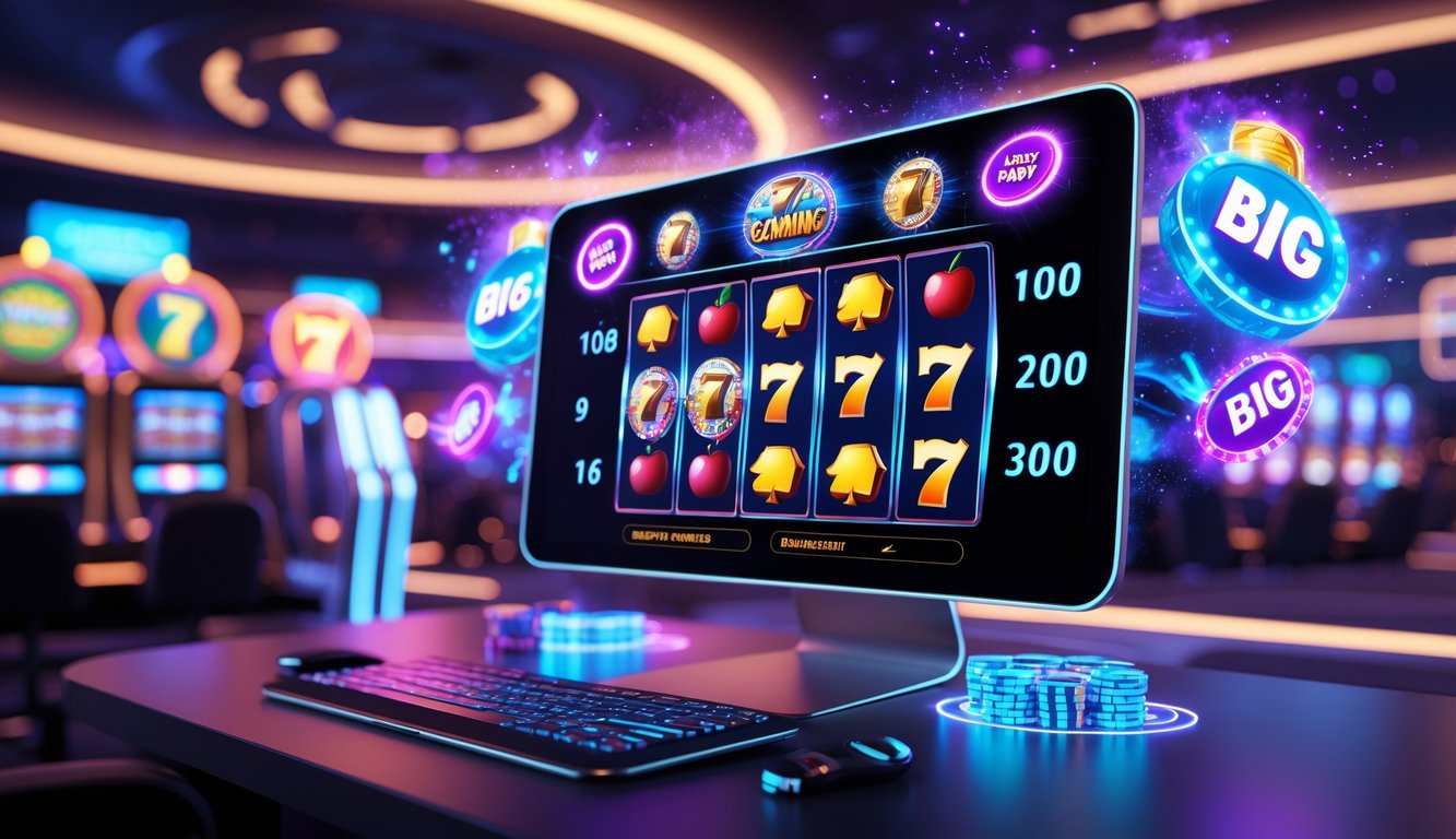 Layar perangkat modern menampilkan permainan slot online dengan simbol kemenangan dan latar belakang kasino futuristik yang penuh cahaya neon.