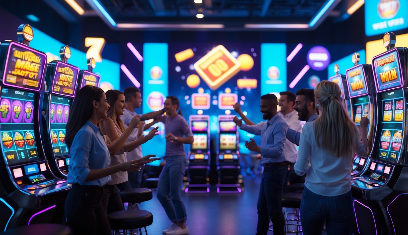 Sejumlah pemain menikmati permainan slot online dengan mesin slot berwarna-warni dan layar digital yang menampilkan jackpot besar.