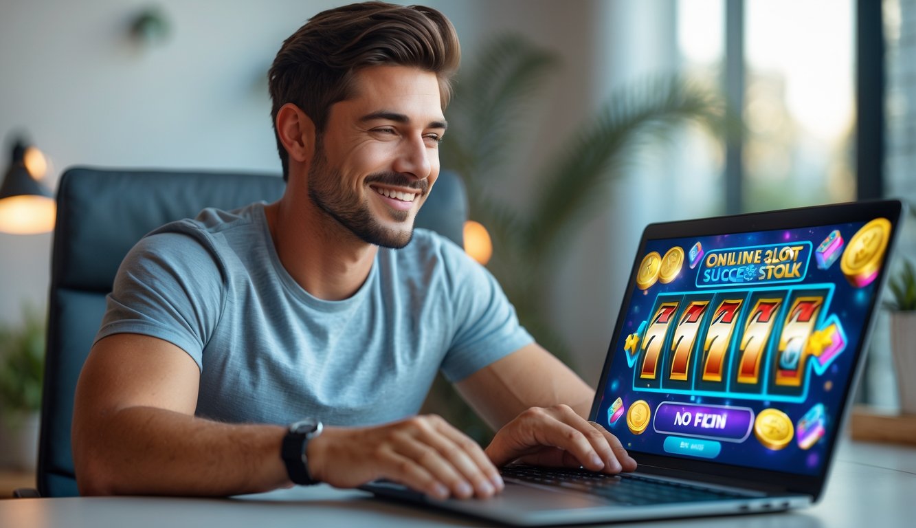 Seorang pria muda duduk di depan laptop, bermain permainan slot online dengan ekspresi fokus dan senang di ruangan yang nyaman dan terang.