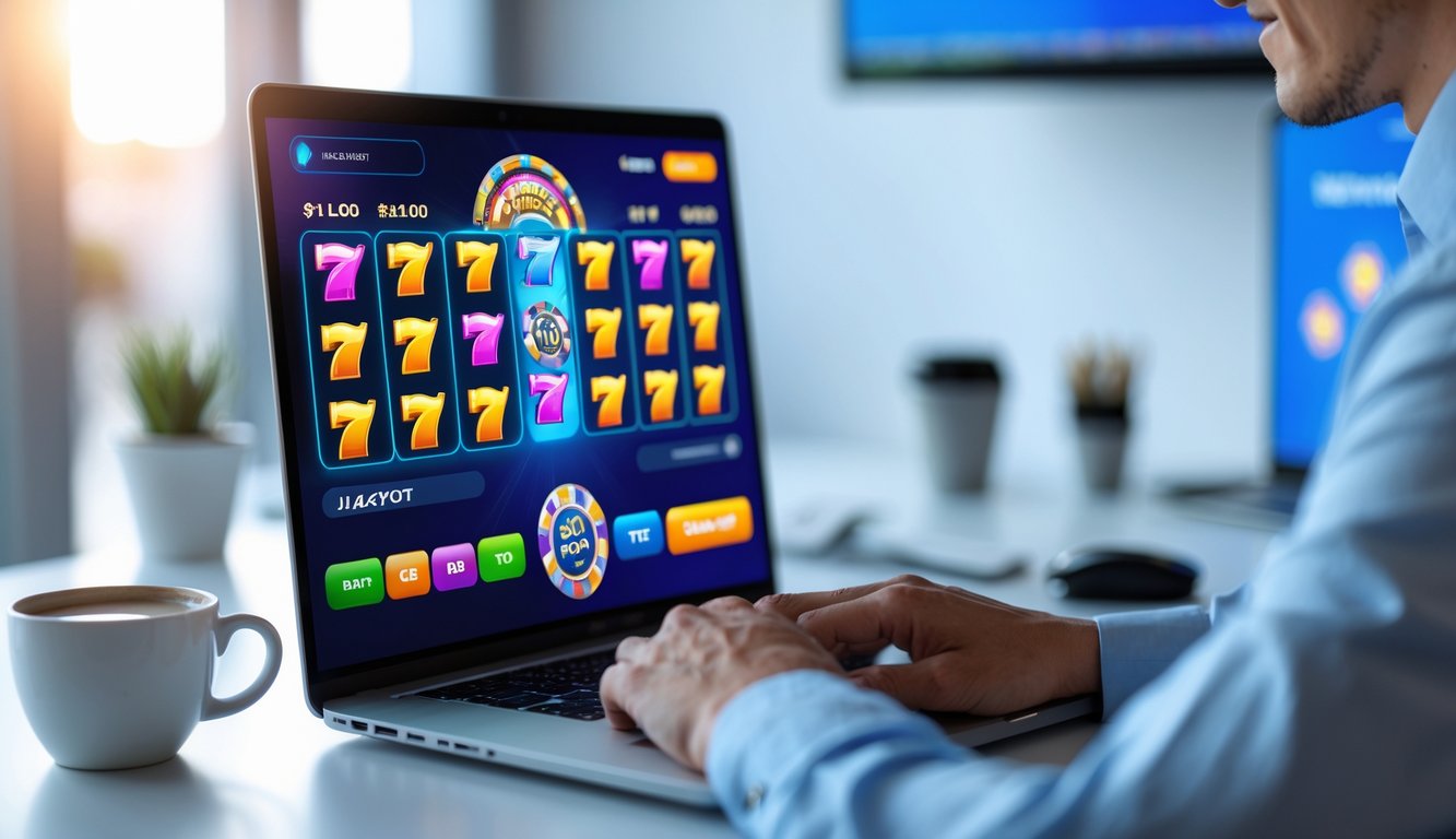 Seseorang duduk di depan laptop yang menampilkan permainan slot online dengan simbol jackpot, di meja yang rapi dan suasana yang terang dan aman.