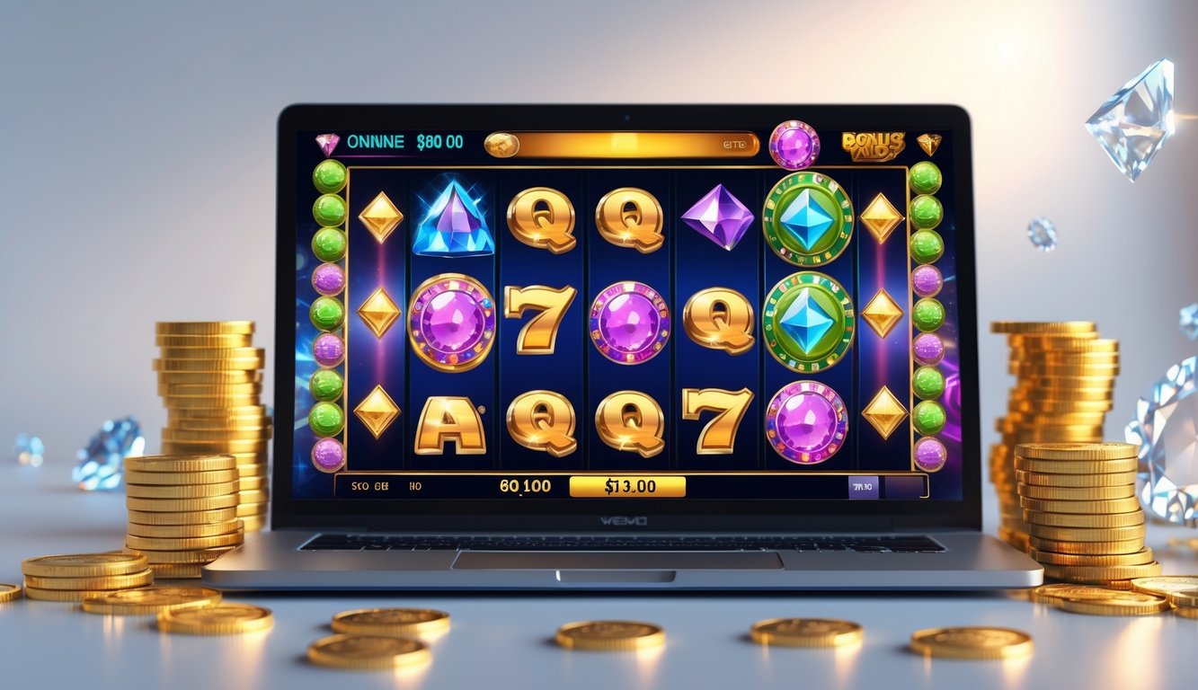 Seorang pria menggunakan komputer dengan tampilan permainan slot online penuh warna dan tumpukan koin emas di sekitarnya.