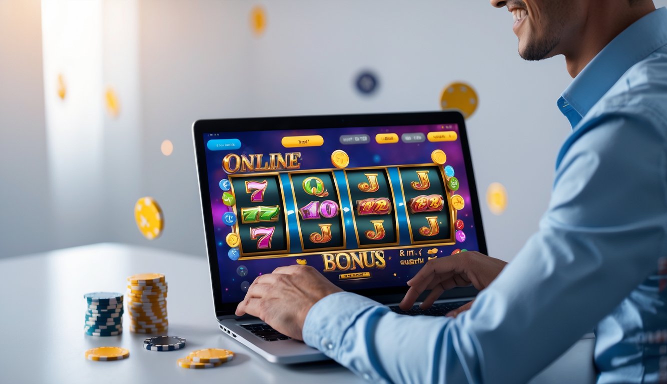 Seseorang menggunakan laptop dengan tampilan permainan slot online yang berwarna-warni di layar, dikelilingi oleh elemen terkait permainan seperti chip poker dan kartu remi.