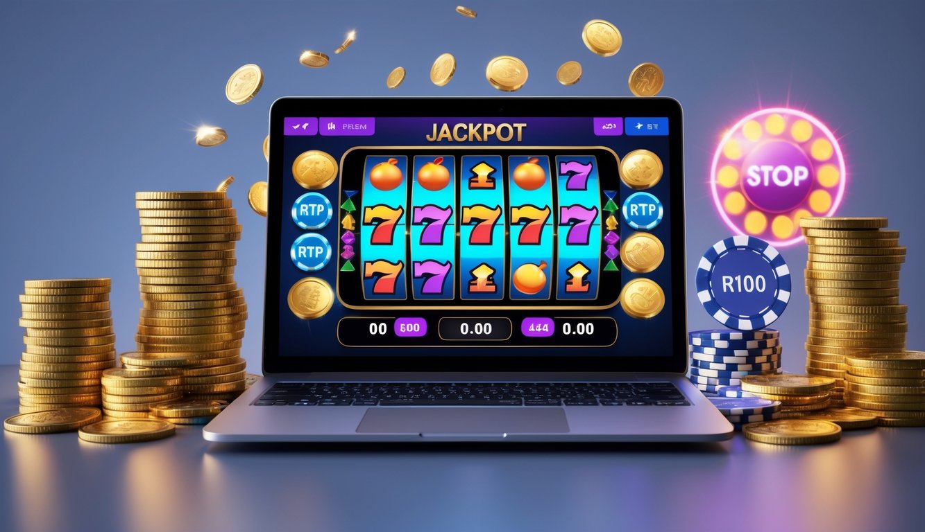 Sebuah komputer menampilkan permainan slot online dengan koin emas dan chip kasino di sekitarnya.