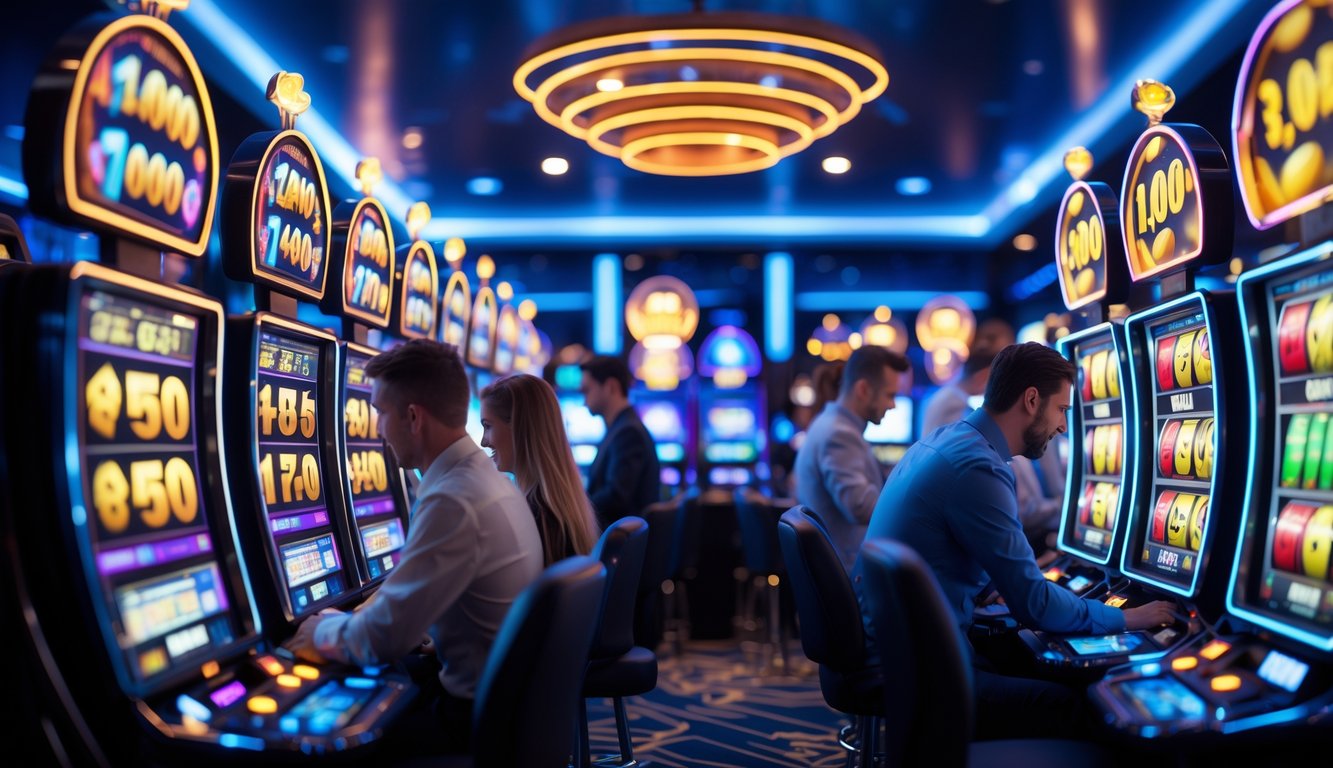 Orang-orang sedang bermain mesin slot online di ruang kasino modern dengan layar warna-warni dan suasana penuh semangat.