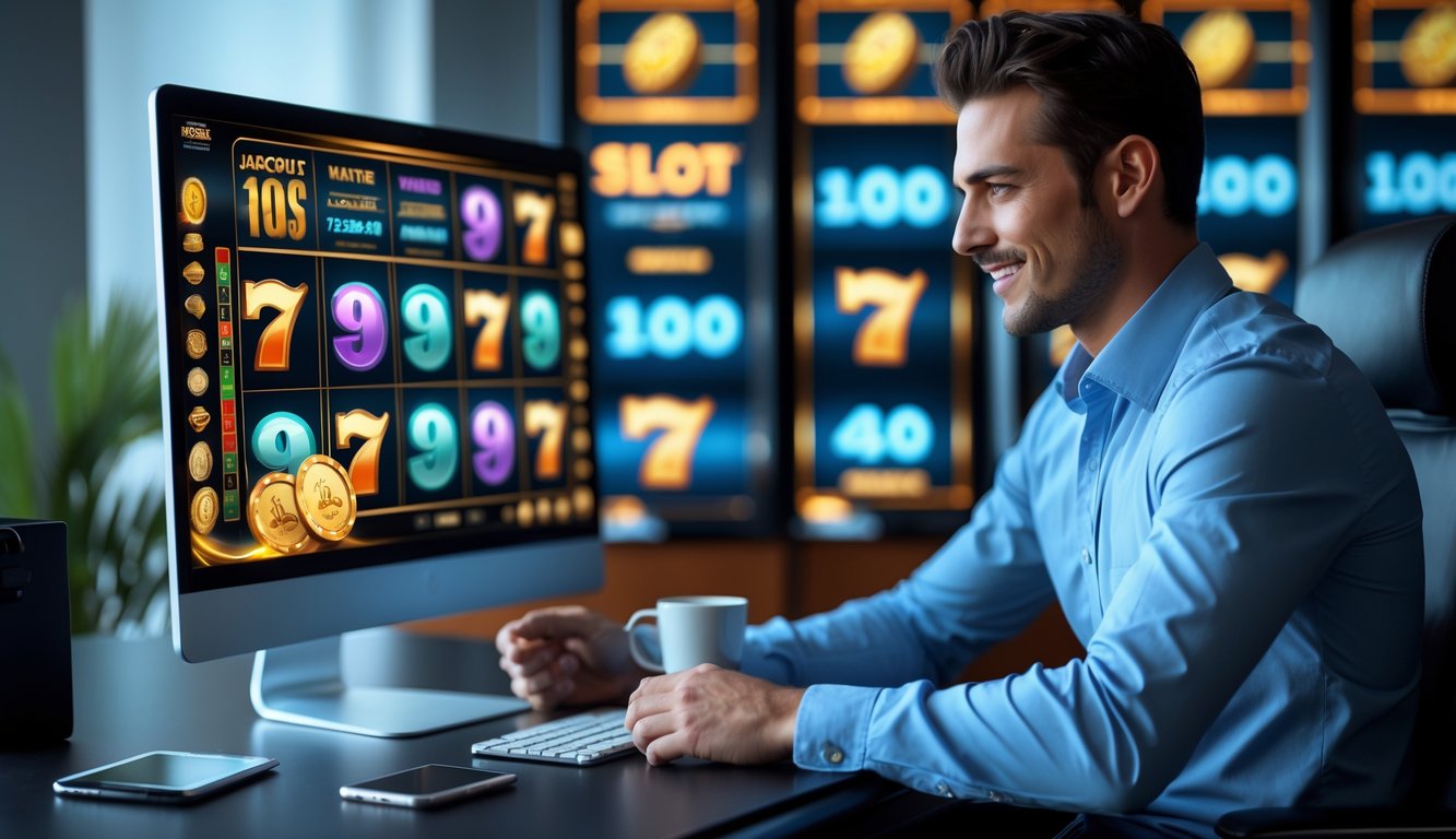 Seorang pria fokus bermain mesin slot online di depan komputer dengan latar belakang elemen terkait judi dan kemenangan jackpot.
