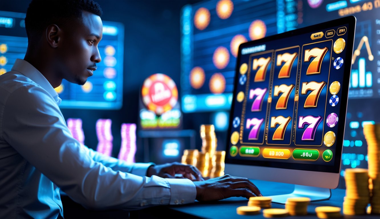 Seorang pemain dewasa fokus menggunakan perangkat digital untuk bermain slot online dengan latar belakang grafik strategi dan simbol jackpot.