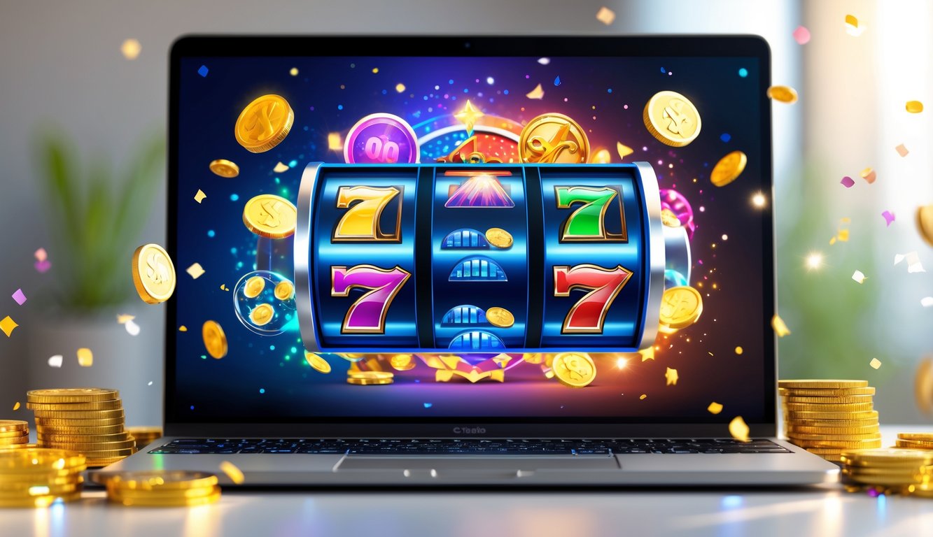 Layar komputer menampilkan permainan slot online dengan simbol jackpot dan koin berkilau di sekitarnya.