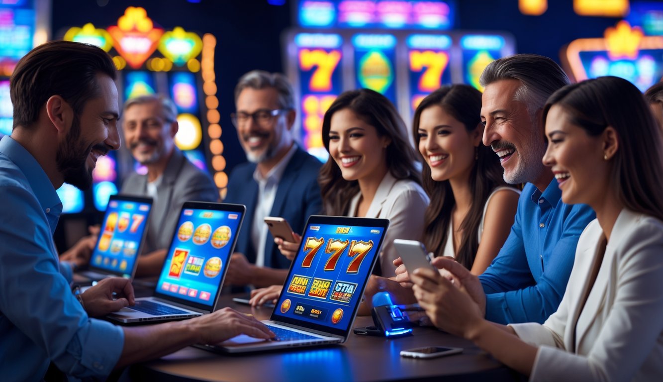 Beberapa orang sedang bermain game slot online dengan perangkat digital di lingkungan yang modern dan cerah.