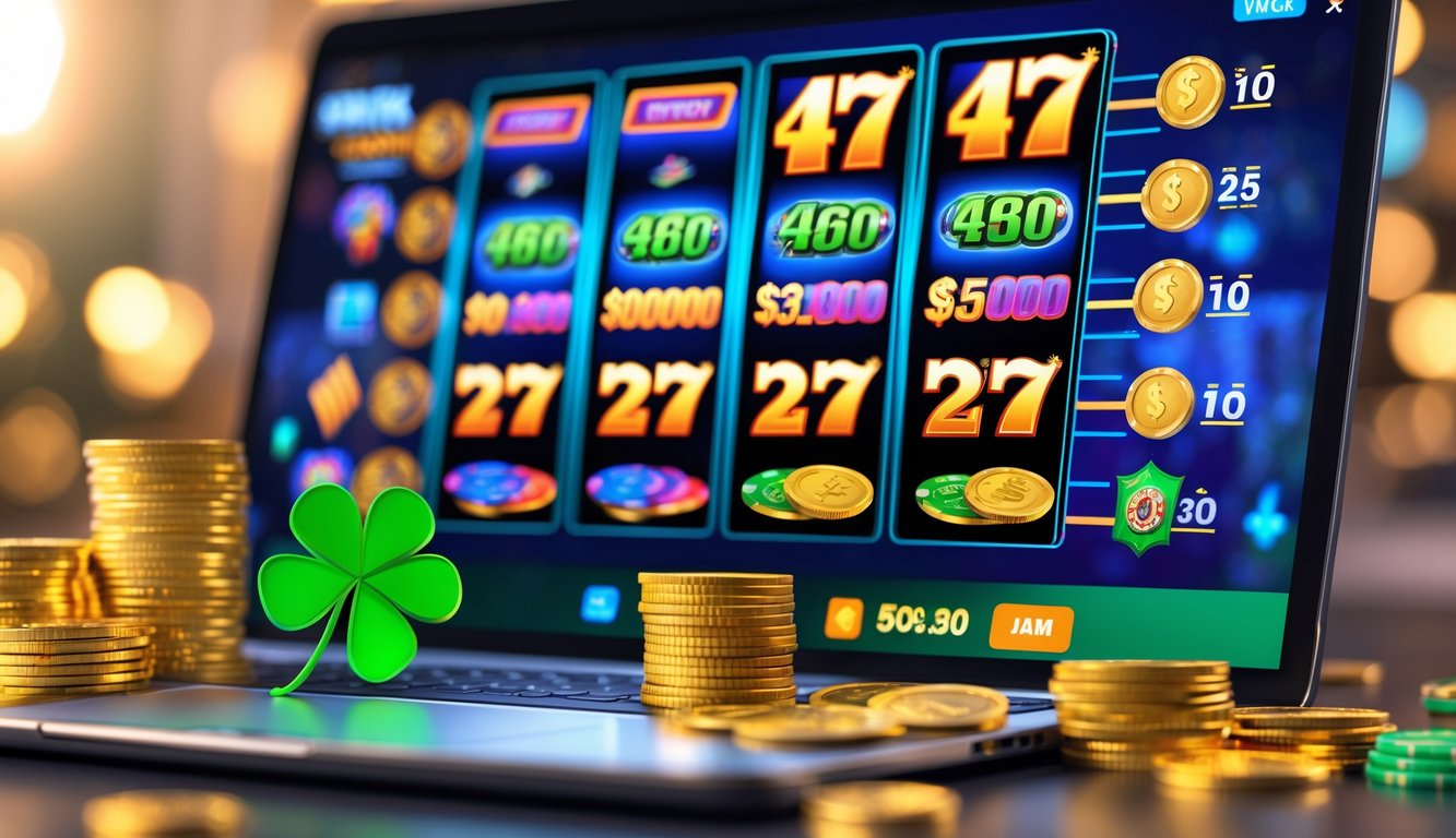 Seorang pengguna sedang melihat layar komputer dengan permainan slot online yang menampilkan simbol warna-warni dan jackpot besar, dikelilingi oleh koin emas dan chip poker.