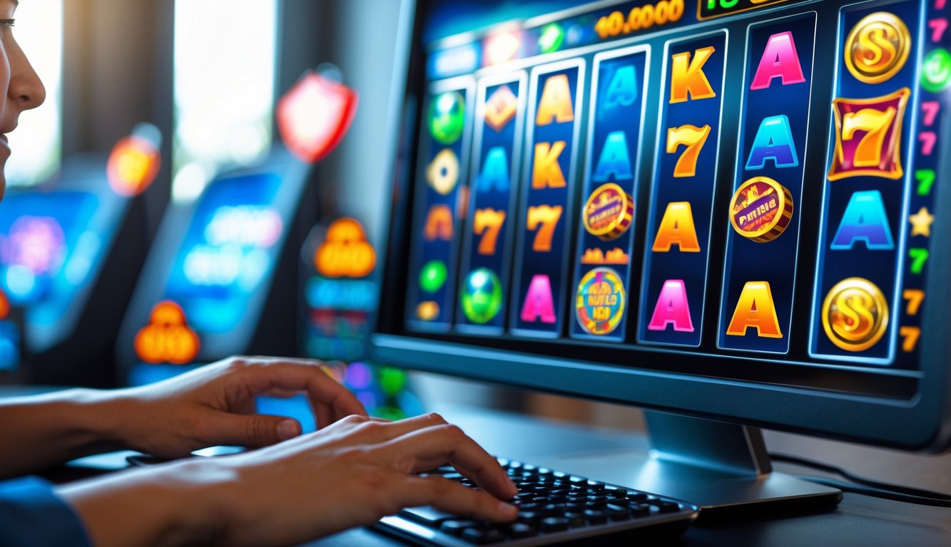 Seorang pemain menggunakan komputer dengan layar menampilkan mesin slot online yang sedang berputar dan menunjukkan kombinasi kemenangan.