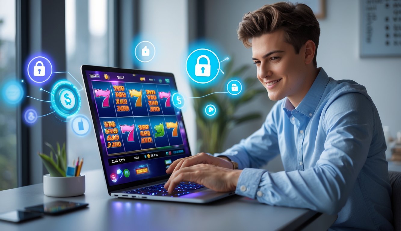 Seseorang sedang bermain game slot online di laptop di ruang tamu yang nyaman dengan ikon keamanan dan uang digital di latar belakang.