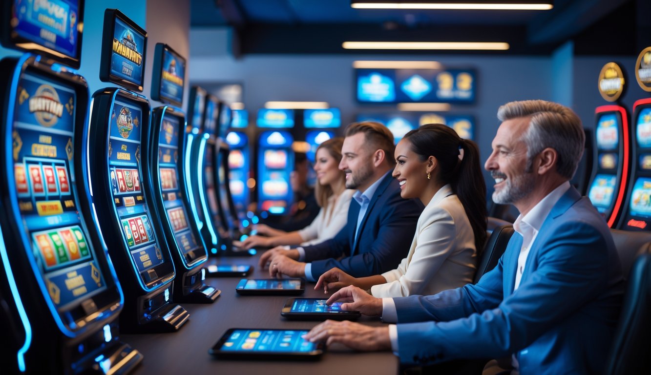Sekelompok orang dewasa menggunakan komputer dan tablet untuk bermain slot online di ruangan modern yang terang dan nyaman.