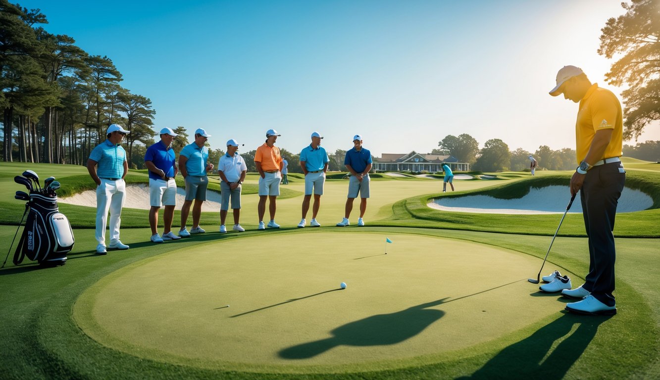 Beberapa pemain golf sedang bermain dan berdiskusi di lapangan golf yang hijau dan cerah.