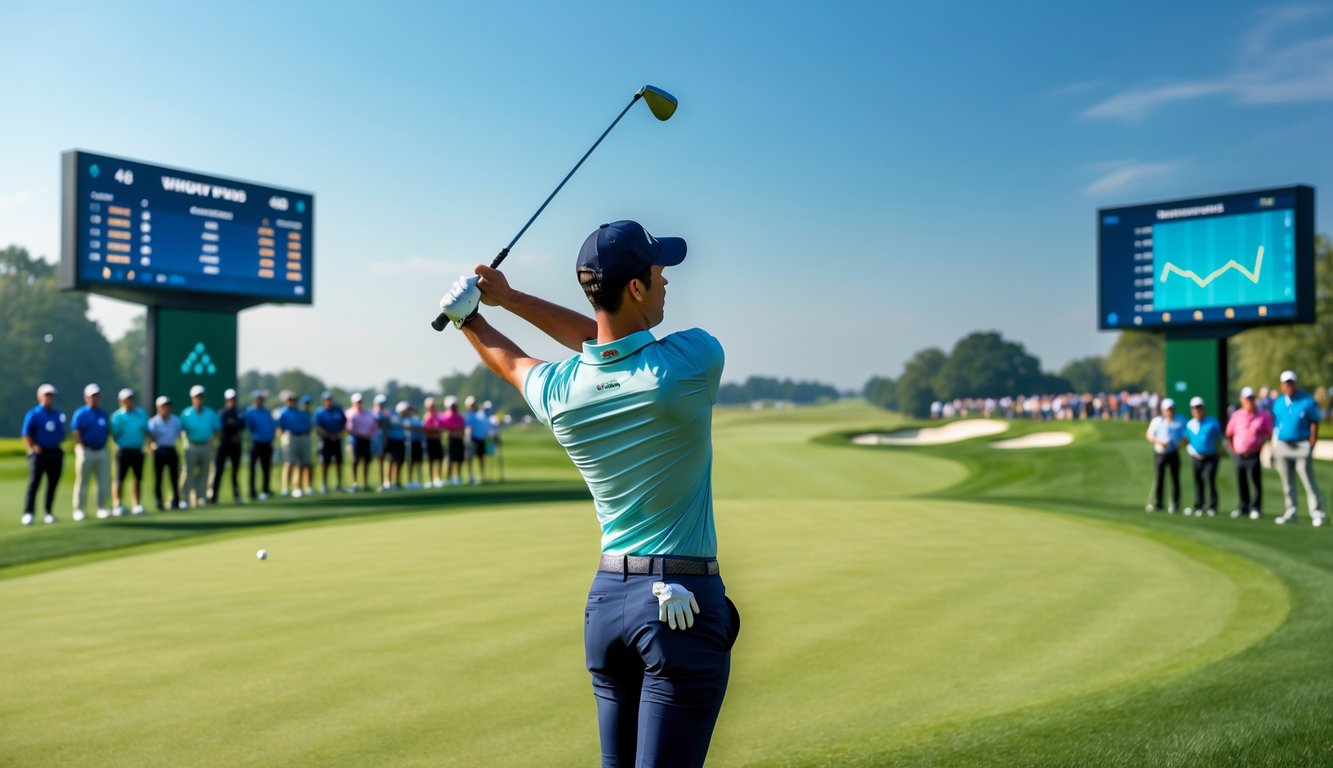 Seorang pegolf sedang mengayunkan tongkat golf di lapangan golf hijau dengan penonton memperhatikan dari samping dan langit cerah di latar belakang.
