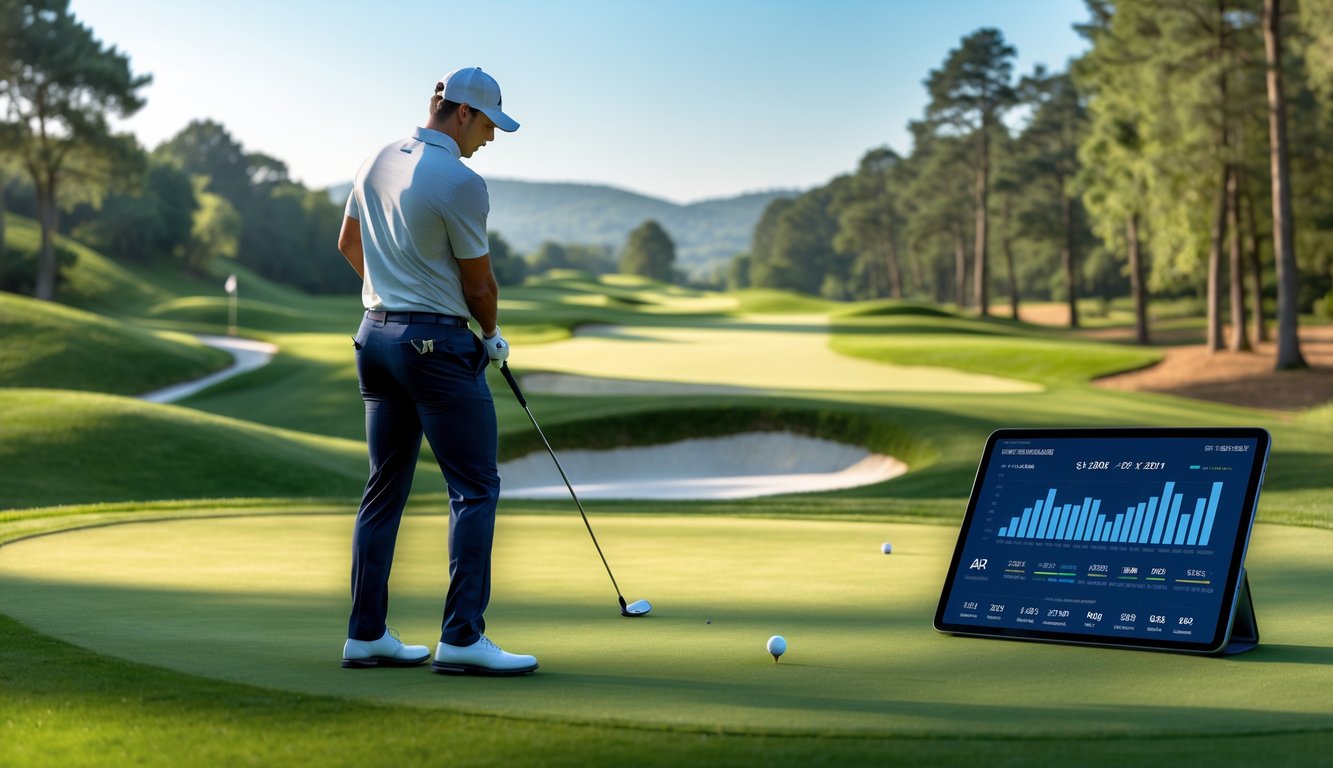 Seorang pegolf bersiap melakukan ayunan di lapangan golf yang hijau dan rapi dengan latar pepohonan dan bukit, di sampingnya terlihat perangkat digital yang menampilkan data.