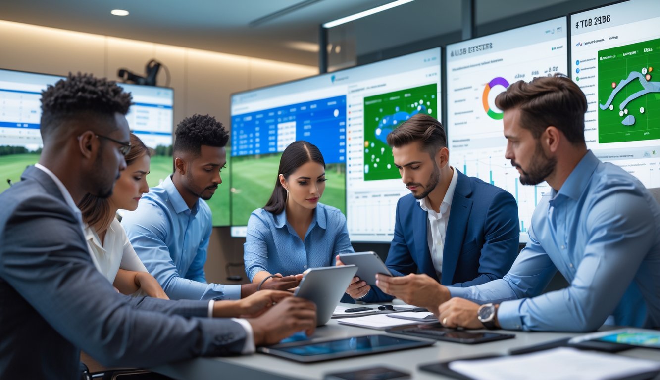 Sekelompok orang sedang menganalisis statistik pemain golf dan peta lapangan di sebuah kantor modern dengan layar digital dan peralatan golf di latar belakang.