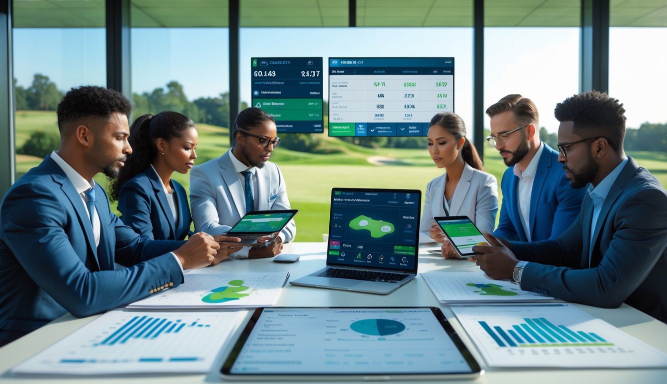 Sekelompok profesional yang sedang menganalisis data golf di kantor modern dengan pemandangan lapangan golf di luar jendela.