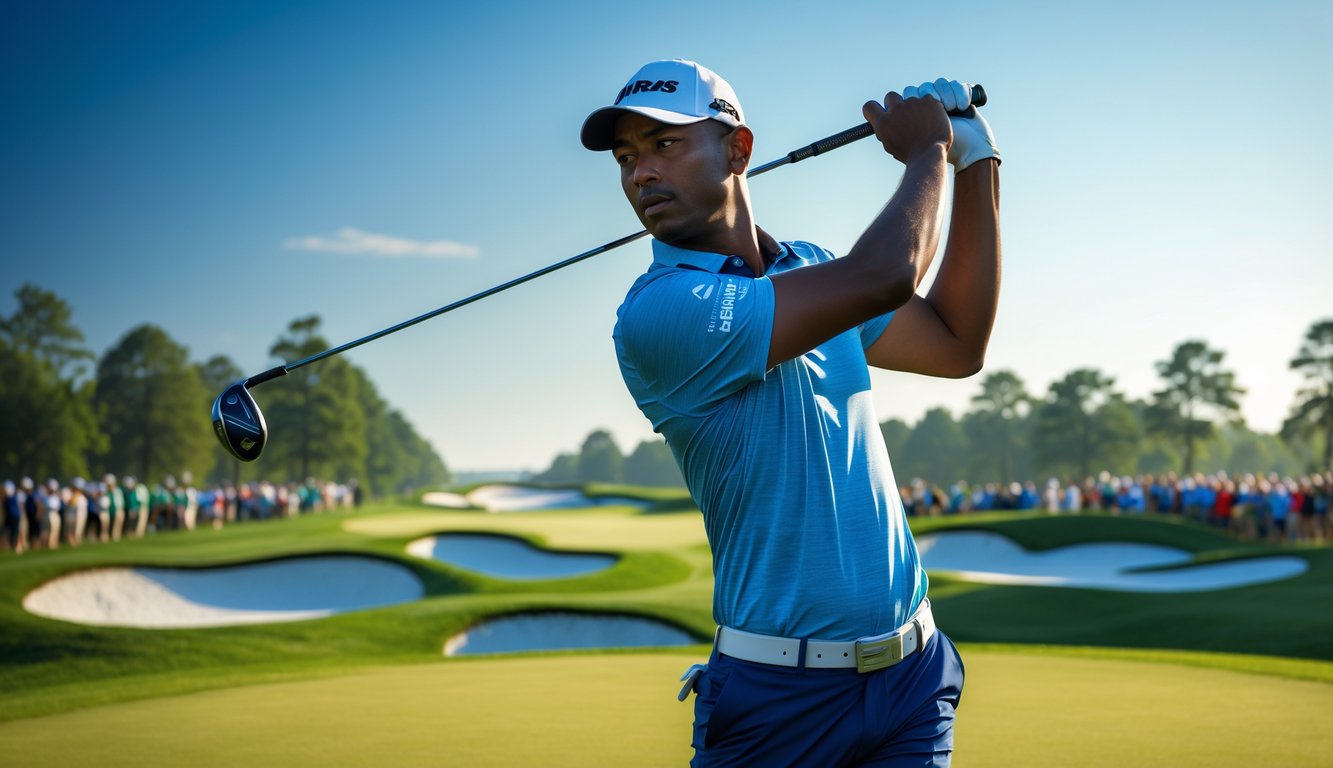 Seorang pegolf pria sedang melakukan ayunan di lapangan golf yang hijau dengan penonton di kejauhan.