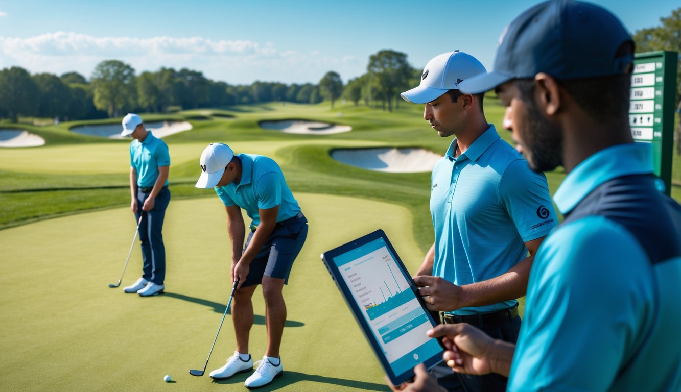 Sekelompok pemain golf sedang bermain di lapangan hijau dengan langit cerah, satu pemain bersiap memukul bola sementara yang lain melihat tablet.