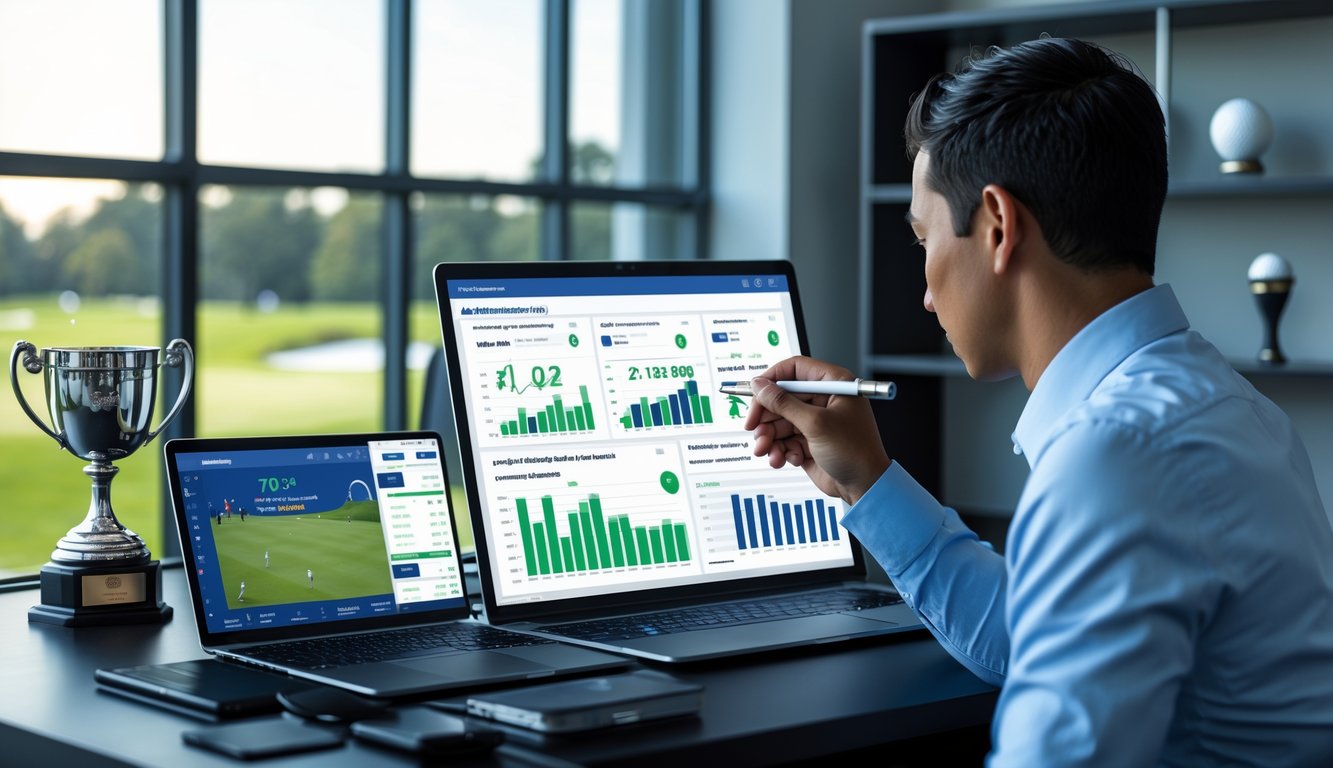 Seorang pria sedang menganalisis statistik golf terbaru di depan laptop dan tablet di sebuah meja kerja dengan cahaya alami.