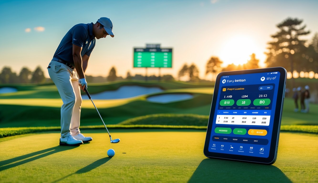 Seorang pegolf sedang mengayunkan tongkat golf di lapangan hijau dengan tablet yang menampilkan statistik taruhan di dekatnya.