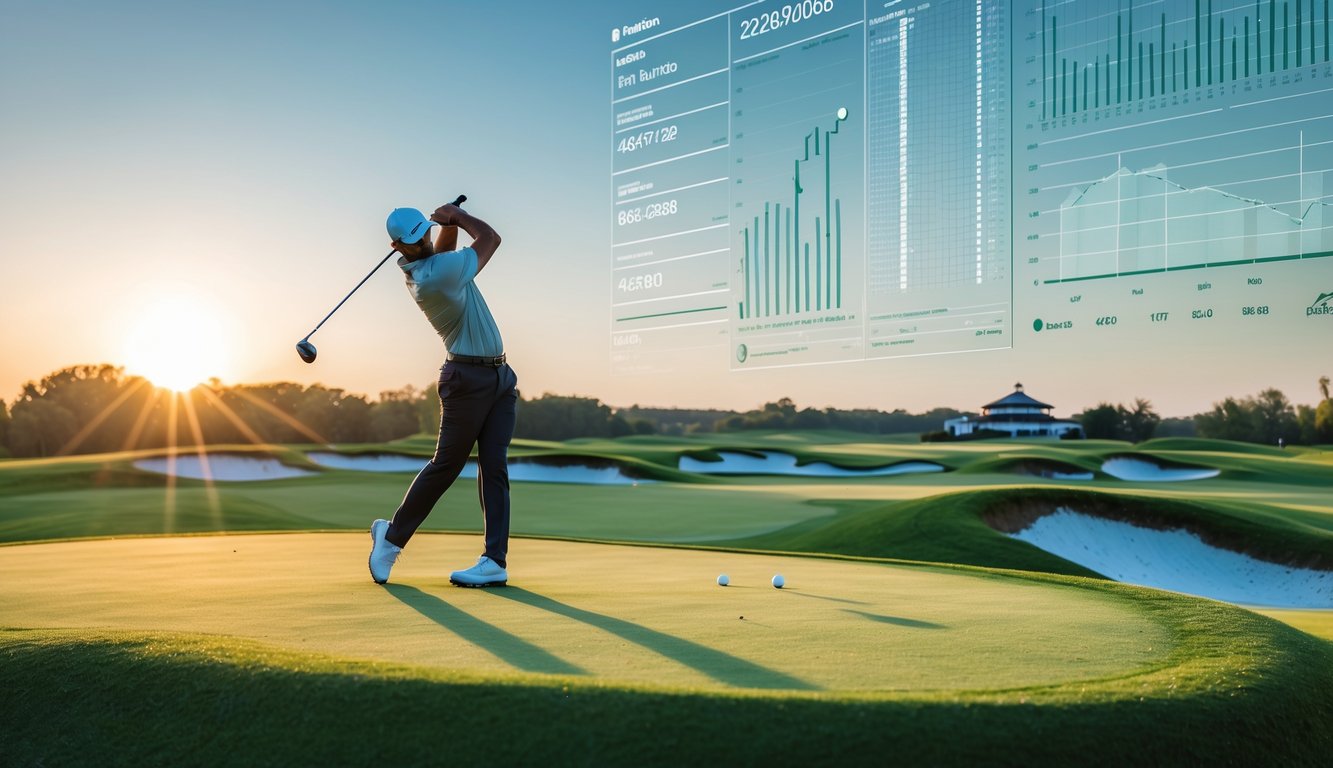 Seorang pegolf sedang mengayunkan tongkat golf di lapangan golf yang hijau dengan grafik data dan statistik yang muncul di latar belakang.