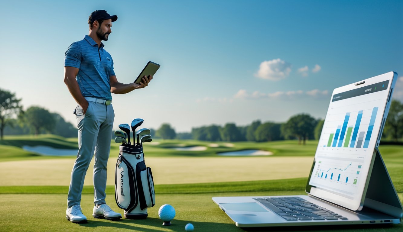Seorang pegolf memeriksa data di tablet digital di lapangan golf yang hijau dan cerah.