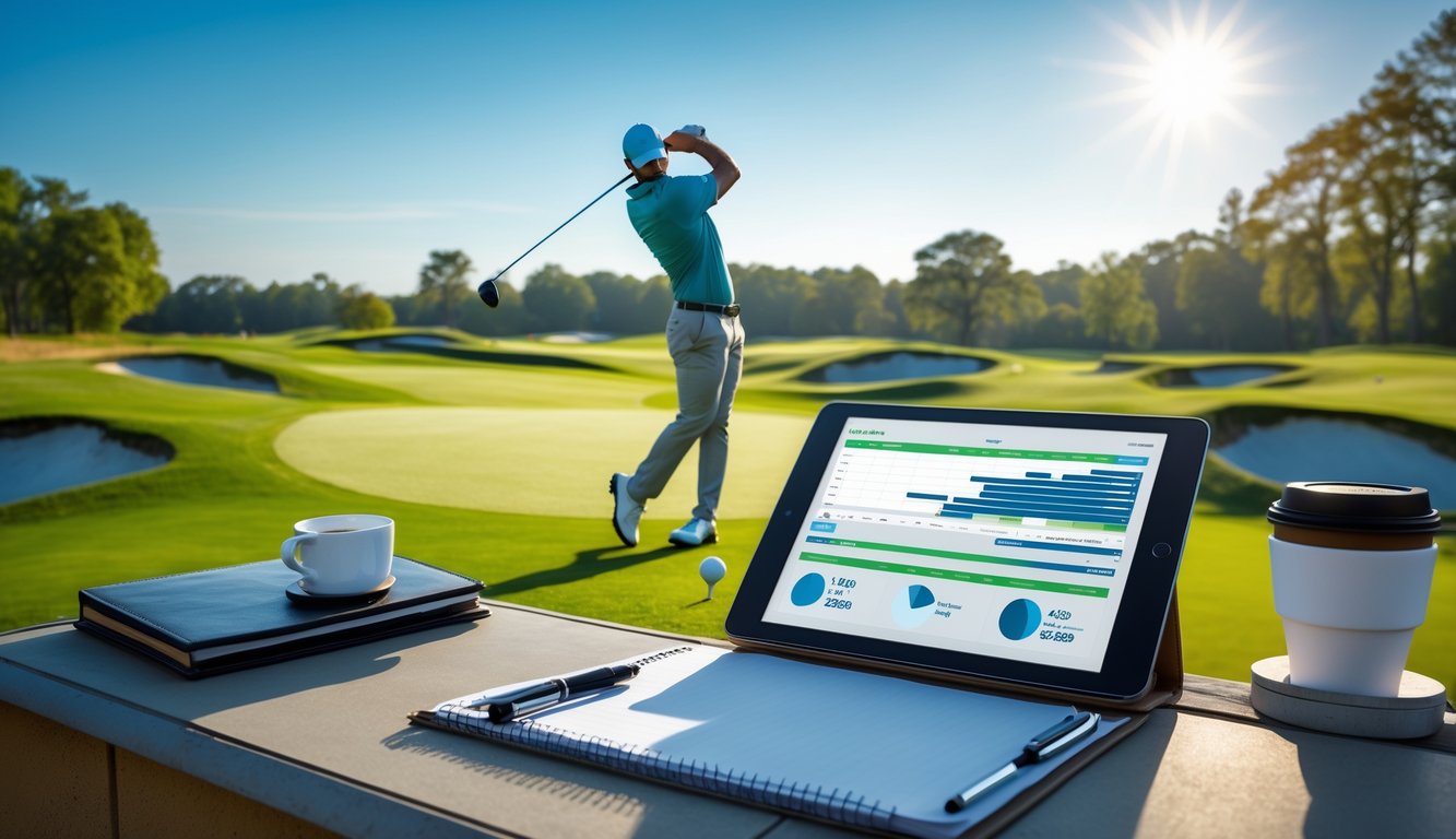 Seorang pemain golf sedang mengayunkan tongkat golf di lapangan hijau yang luas dengan tablet di tangan dan elemen perencanaan di sekitarnya.