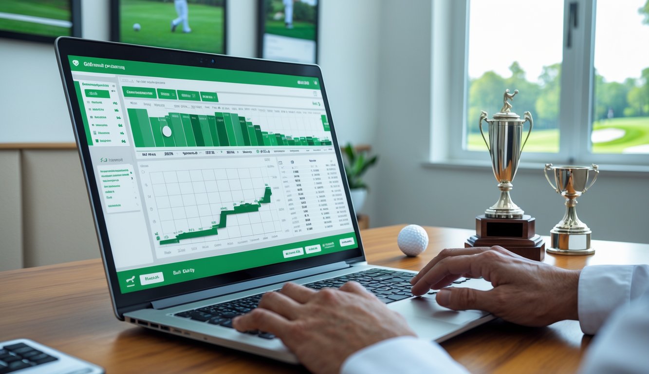 Meja kerja dengan laptop yang menampilkan grafik dan data taruhan golf, bola golf, tee, dan piala kecil di sampingnya, dengan latar kantor terang dan dekorasi bertema golf.