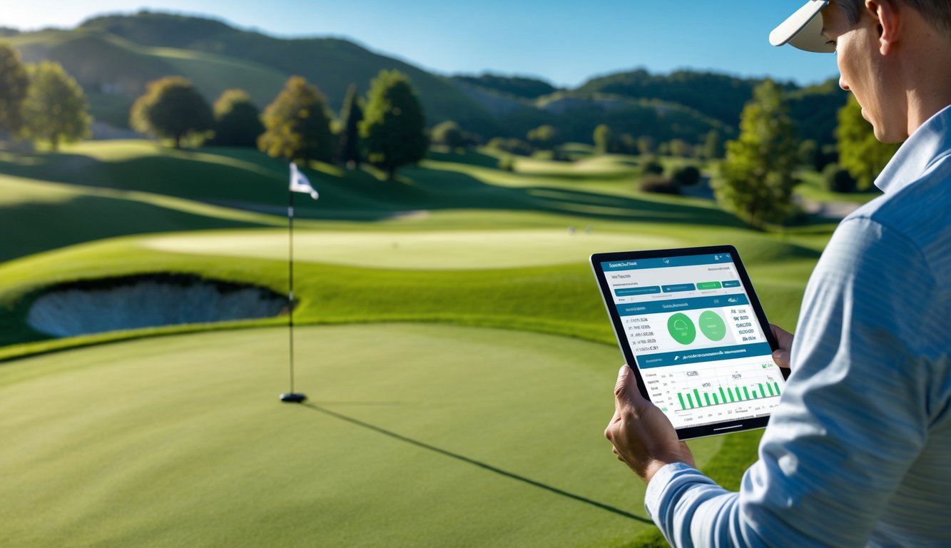 Seorang pemain golf melihat tablet digital di lapangan golf yang hijau dan cerah dengan pemandangan bukit dan langit biru.