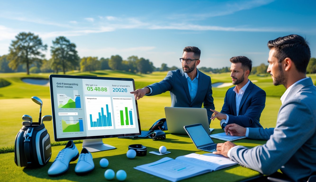 Sekelompok analis dan pegolf sedang berdiskusi di lapangan golf dengan perangkat digital yang menampilkan data performa pemain.