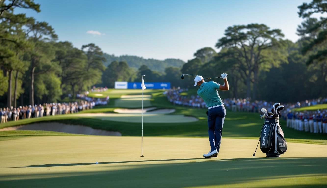 Seorang pegolf sedang melakukan ayunan di lapangan golf yang hijau dengan latar pepohonan dan penonton di kejauhan.