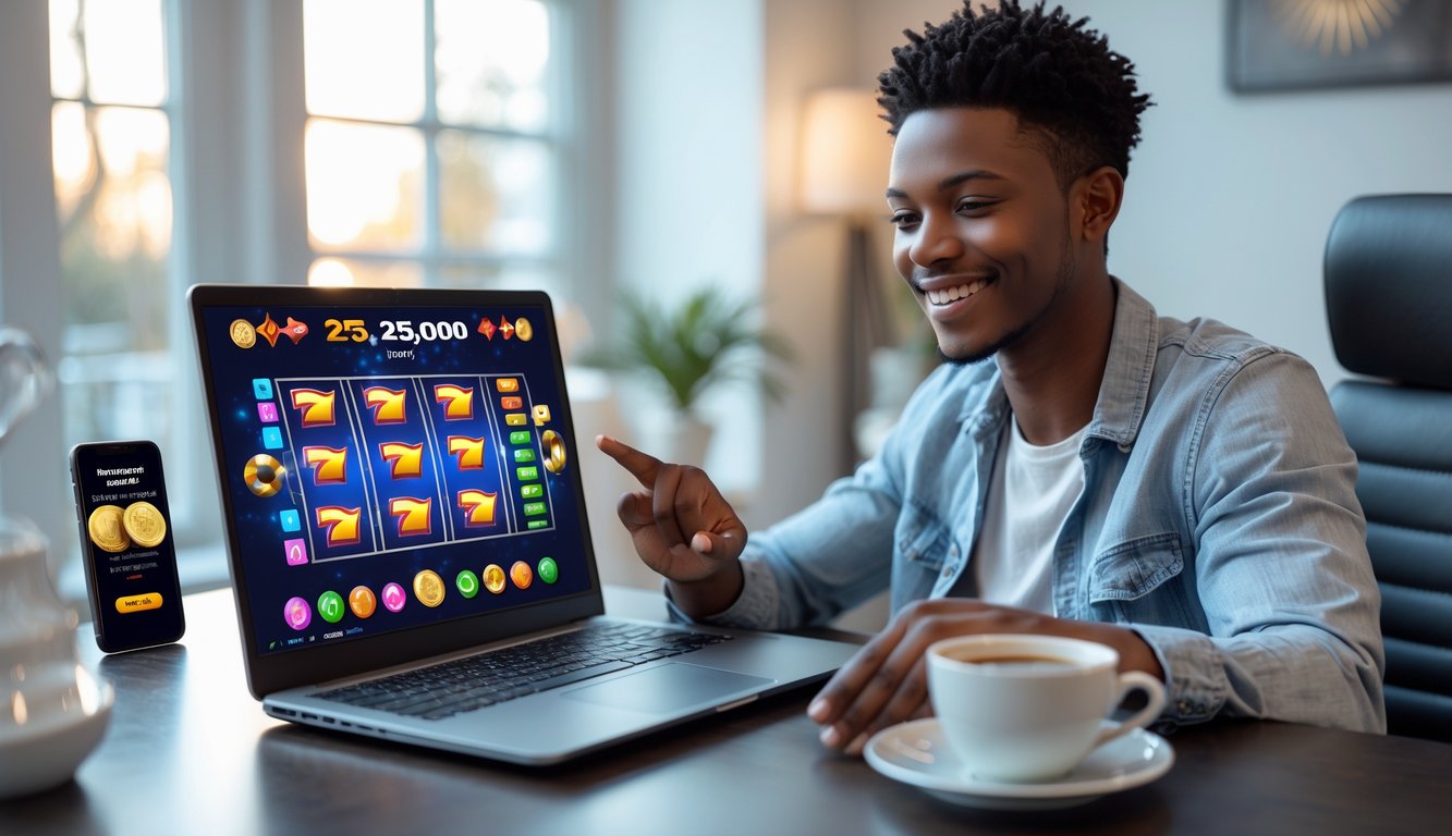 Seorang dewasa muda duduk di meja modern bermain game slot online dengan laptop, terlihat fokus dan senang, di ruang kerja yang terang dan nyaman.
