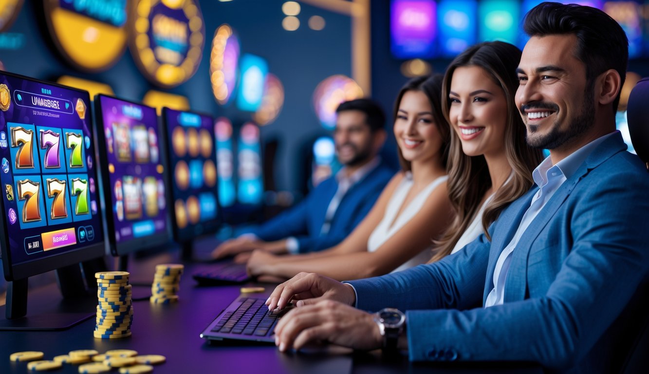 Dua pemain dewasa sedang bermain permainan slot online dengan beberapa layar komputer di meja, suasana terlihat aman dan menyenangkan.