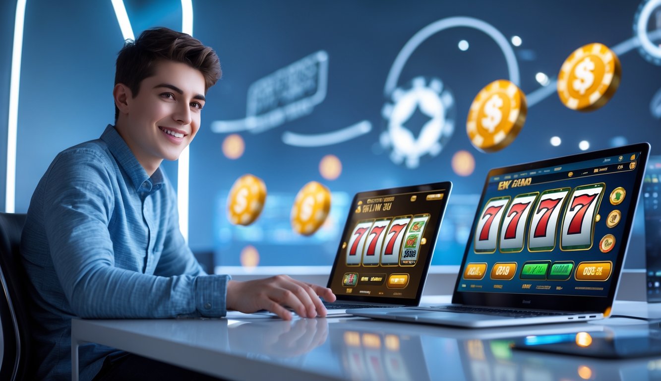 Seorang dewasa muda duduk di meja dengan laptop dan ponsel yang menampilkan permainan slot online, terlihat antusias dan nyaman dalam suasana kasino digital modern.