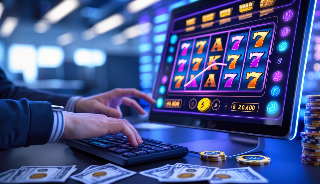 Seseorang menggunakan komputer dengan permainan slot online di layar, di meja dengan tumpukan chip dan uang, di ruang kerja modern.