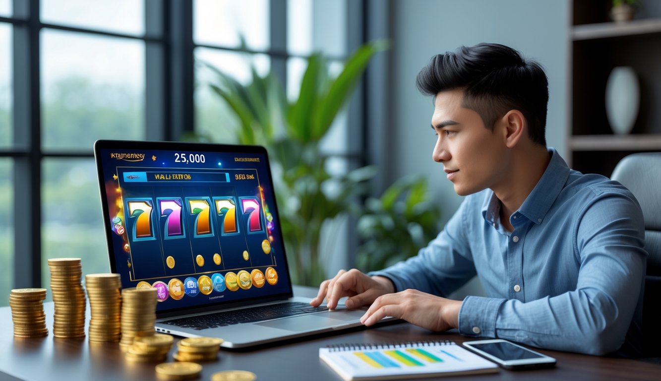 Seorang pria muda duduk di depan laptop dengan tampilan permainan slot online, dikelilingi oleh tumpukan koin dan ponsel yang menunjukkan konfirmasi deposit.