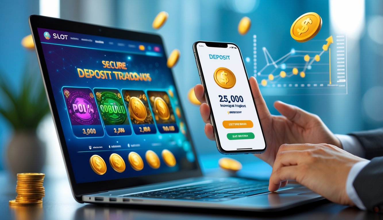 Meja kerja dengan laptop yang menampilkan permainan slot online dan ponsel yang menunjukkan konfirmasi deposit 25 ribu rupiah, dengan tangan seseorang yang sedang berinteraksi dengan perangkat tersebut.