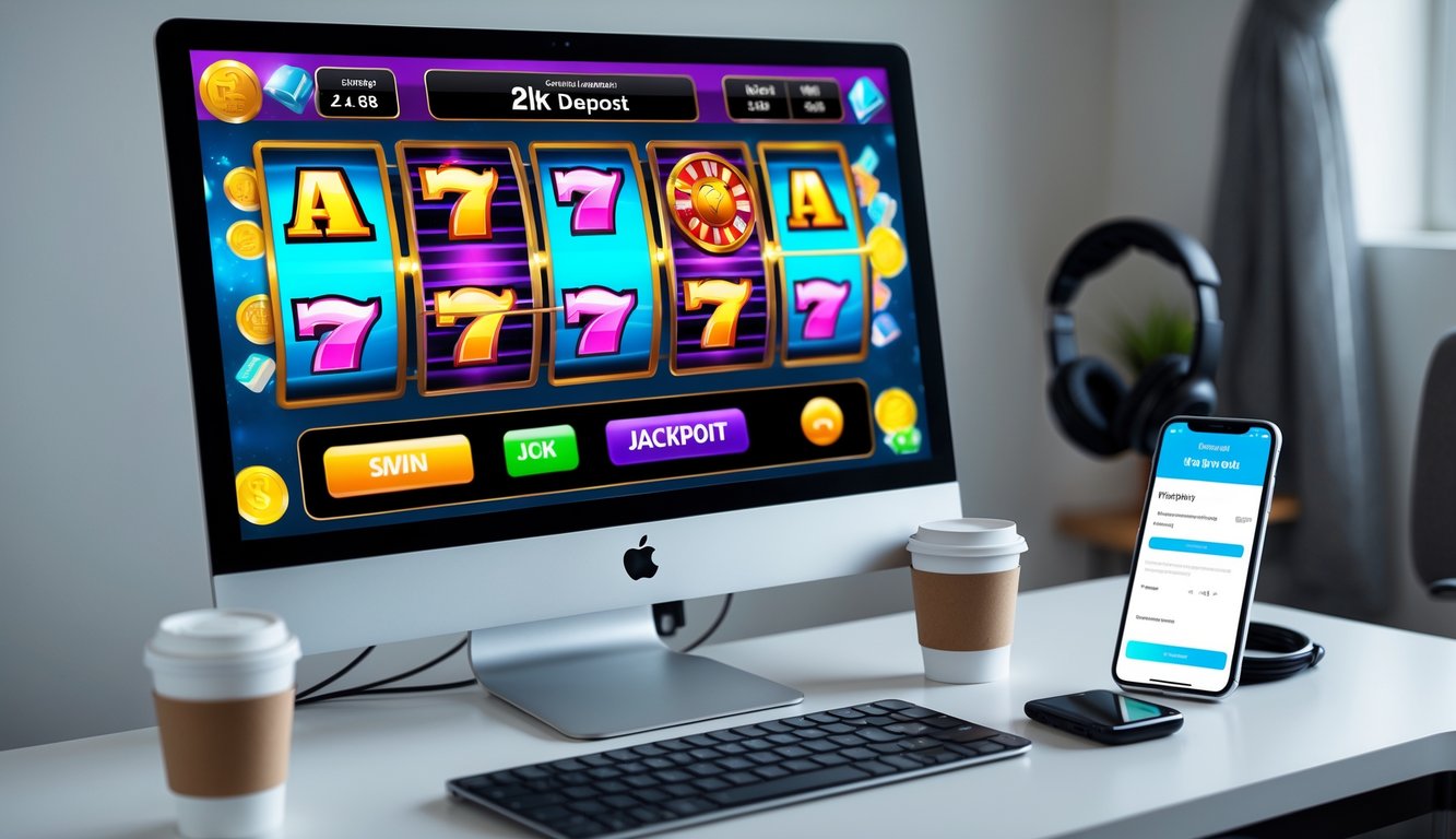 Seseorang menggunakan komputer dan ponsel untuk bermain slot online dengan suasana meja kerja yang rapi.
