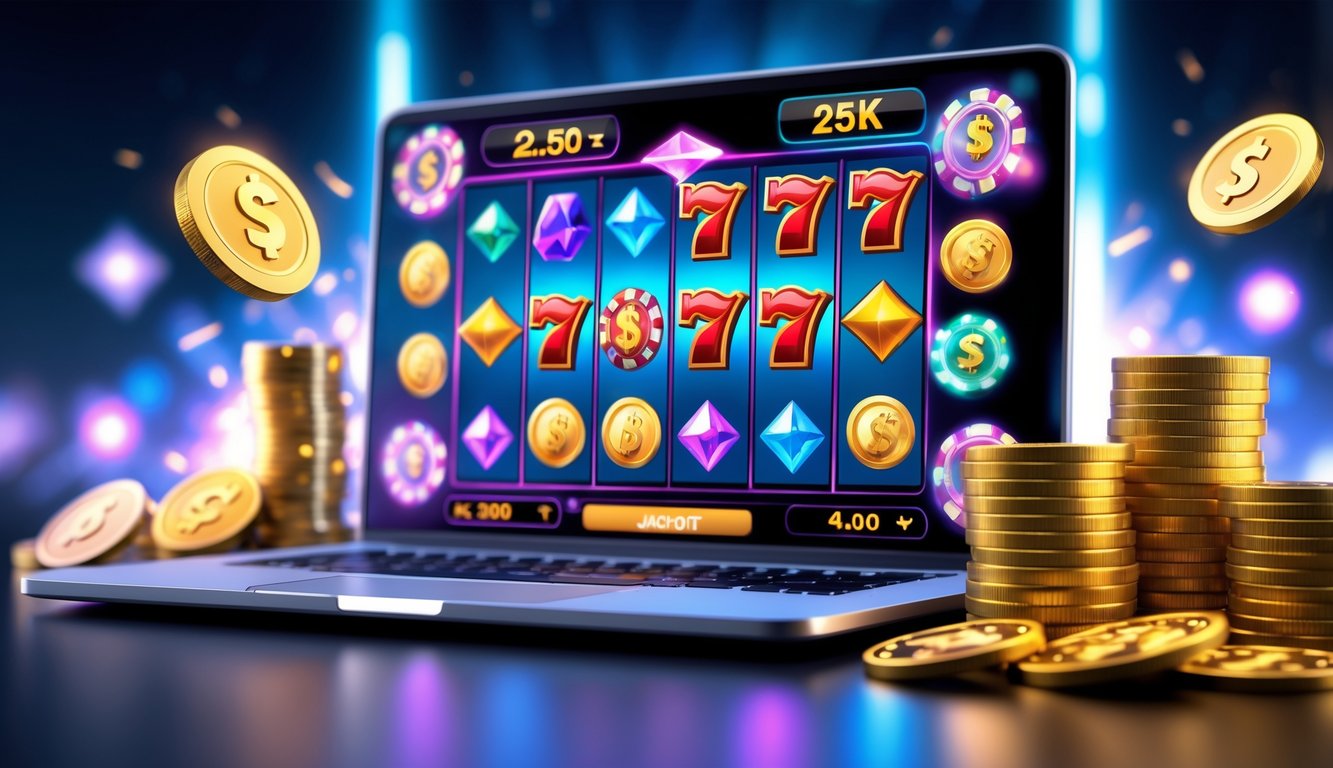 Layar perangkat menampilkan permainan slot online dengan simbol jackpot dan koin di sekitar, menggambarkan konsep permainan slot dengan deposit rendah.