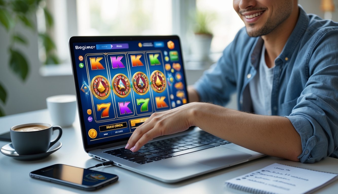 Seorang pemula bermain game slot online di laptop di ruang kerja rumah yang nyaman dengan cahaya alami.