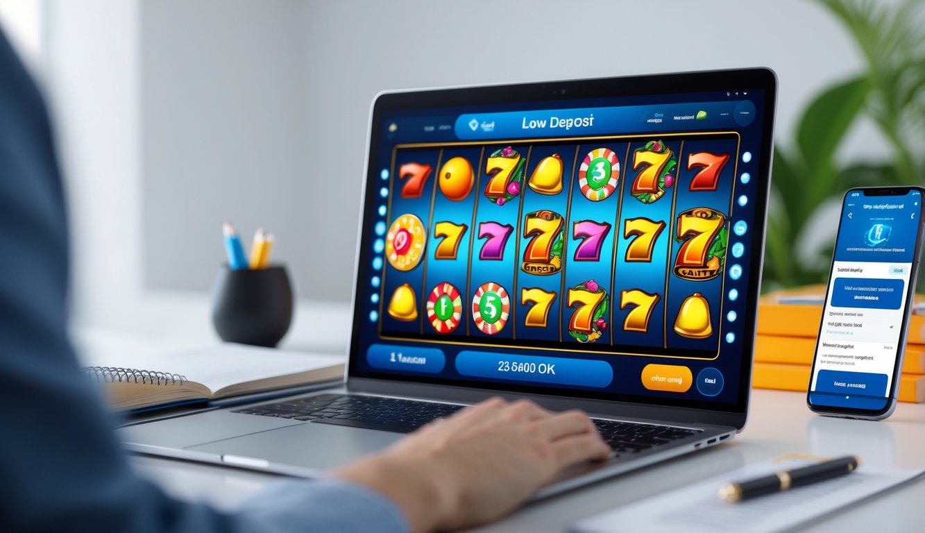 Seorang pemula sedang menggunakan laptop untuk bermain permainan slot online dengan tampilan layar yang menampilkan gulungan slot berwarna-warni dan simbol khas, di meja terdapat buku catatan dan ponsel yang menunjukkan panduan bermain.