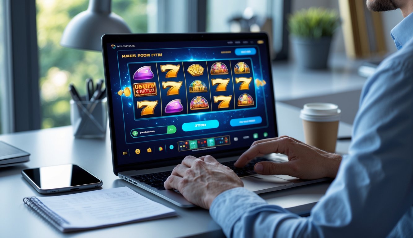 Seseorang sedang menggunakan laptop di meja kerja dengan tampilan permainan slot online di layar, suasana terang dan rapi.