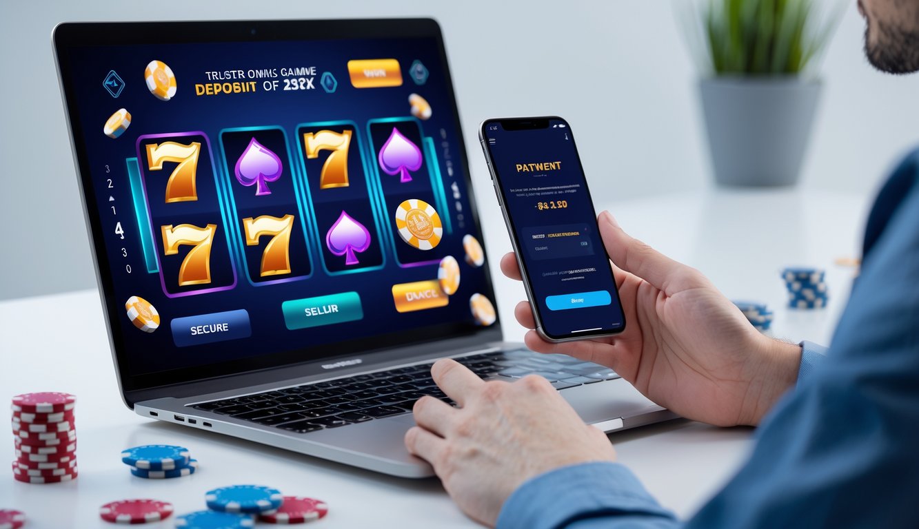 Seorang pengguna dewasa berinteraksi dengan laptop dan ponsel yang menampilkan permainan slot online dan konfirmasi deposit dalam lingkungan kerja yang rapi.