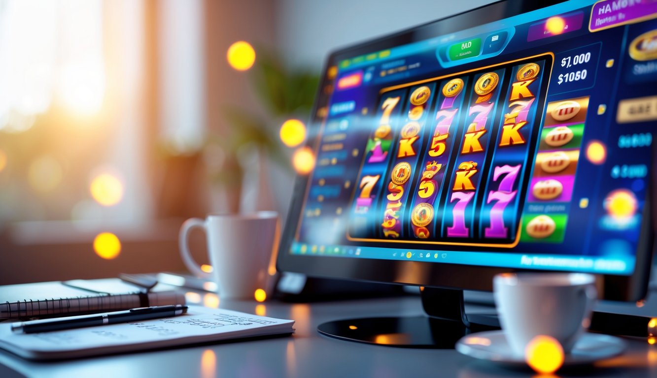 Seseorang menggunakan perangkat digital untuk bermain slot online dengan layar menampilkan permainan slot berwarna cerah, di atas meja terdapat buku catatan dan secangkir kopi.