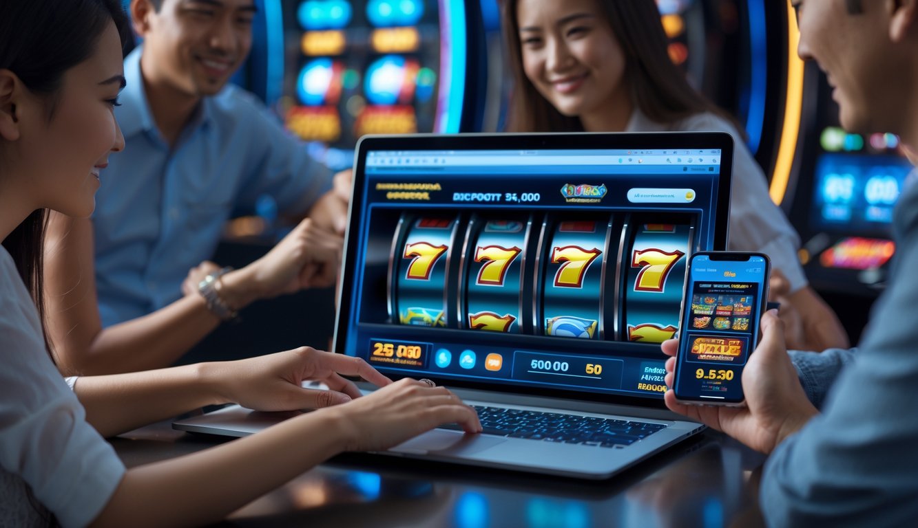 Orang-orang menggunakan laptop dan ponsel dengan tampilan permainan slot online di layar, di latar belakang terdapat elemen digital yang menggambarkan jackpot dan strategi menang.